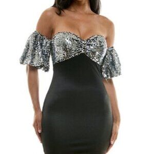 City Studio Black Velvet & Silver Sequin Off-Shoulder Mini Dress